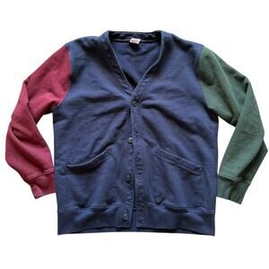 J. Crew Colorblock Cardigan Sweater Men Large Navy Red Green V-Neck Pockets